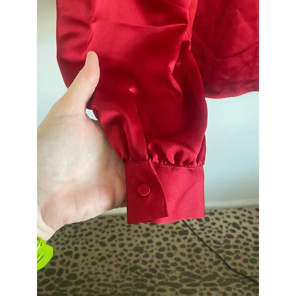LOFT Womens Red Satin Puff Sleeve Blouse XS Long Sleeve Keyhole Back Top